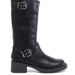 Botas planas negras de piel vegana con dos hebillas