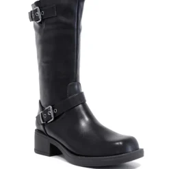 Botas planas negras de piel vegana con dos hebillas