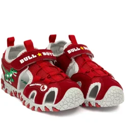 sandalias Bull Boys rojas con dinosaurio verde
