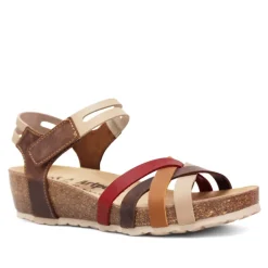 Sandalias cuña marrones con tiras en tonos tierra y cierre de velcro de piel