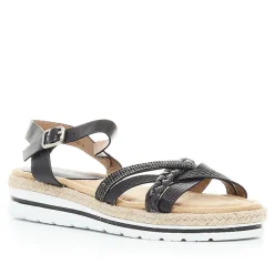 Sandalias cuña Owel gozo negras con tiras de diferentes texturas