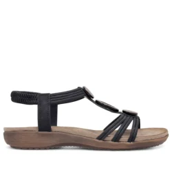 Sandalias planas Amarpies negras con abalorios de madera y pulsera elástica