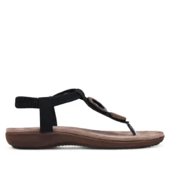 Sandalias planas Amarpies negras de dedo y cogidas al tobillo con detalles de madera