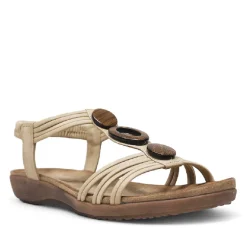 Sandalias planas Amarpies beige con abalorios de madera y pulsera elástica