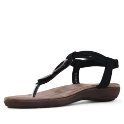 Sandalias planas Amarpies negras de dedo y cogidas al tobillo con detalles de madera