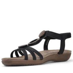 Sandalias planas Amarpies negras con abalorios de madera y pulsera elástica