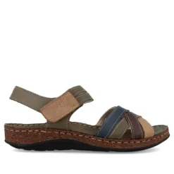 Sandalias planas Walk & Fly kakis de piel con tiras de colores y cierre de velcro