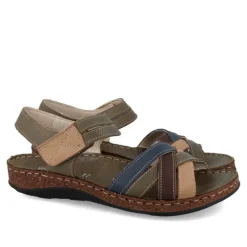 Sandalias planas Walk & Fly kakis de piel con tiras de colores y cierre de velcro