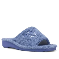 Zapatillas casa BEREVERE azules abiertas por deltante con cuña y flores bordadas